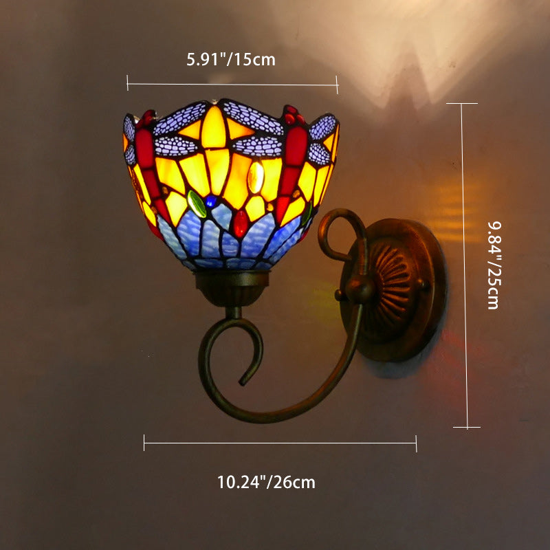 Traditional Tiffany Flower Pod Round Glass Iron 1-Light Wall Sconce Lamp For Living Room