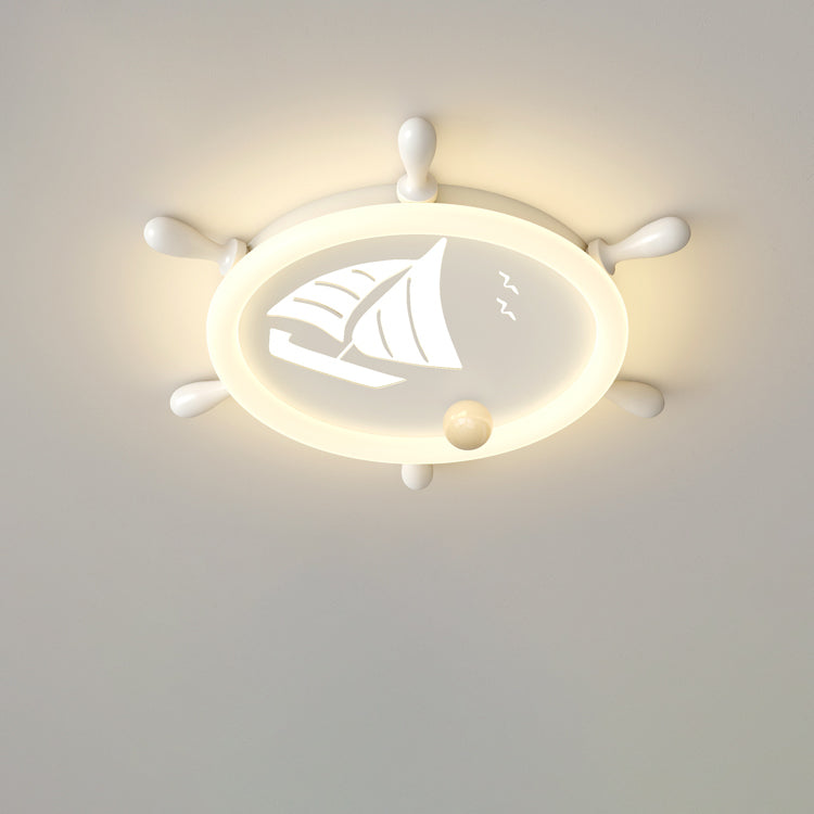 Modern Art Deco Helm Sailboat Round Acrylic Iron LED Flush Mount Ceiling Light For Bedroom