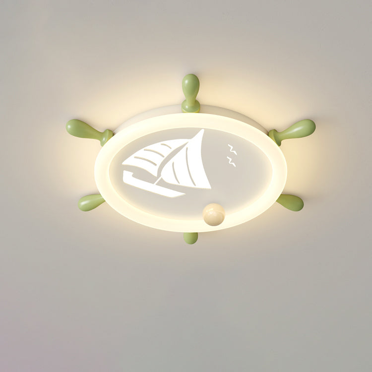 Modern Art Deco Helm Sailboat Round Acrylic Iron LED Flush Mount Ceiling Light For Bedroom