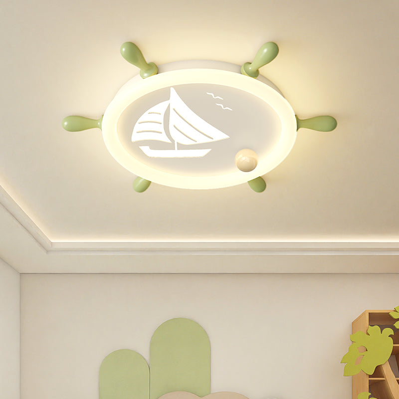 Modern Art Deco Helm Sailboat Round Acrylic Iron LED Flush Mount Ceiling Light For Bedroom