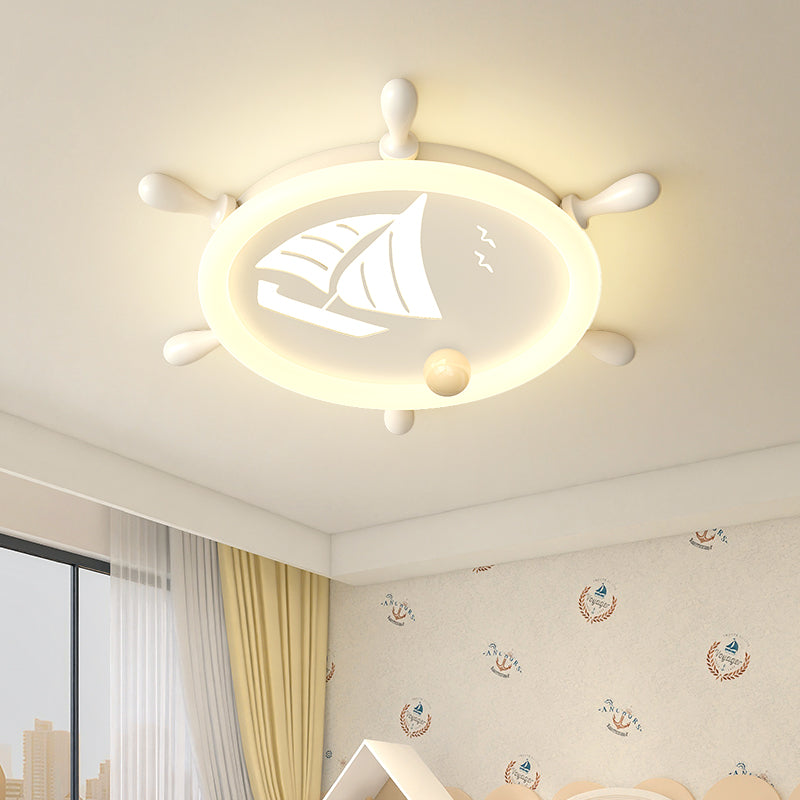 Modern Art Deco Helm Sailboat Round Acrylic Iron LED Flush Mount Ceiling Light For Bedroom