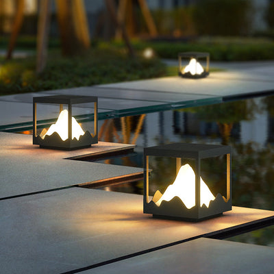 Modern Art Deco Square Mountain Glow Solar Waterproof PC Stainless Steel LED Outdoor Light For Garden