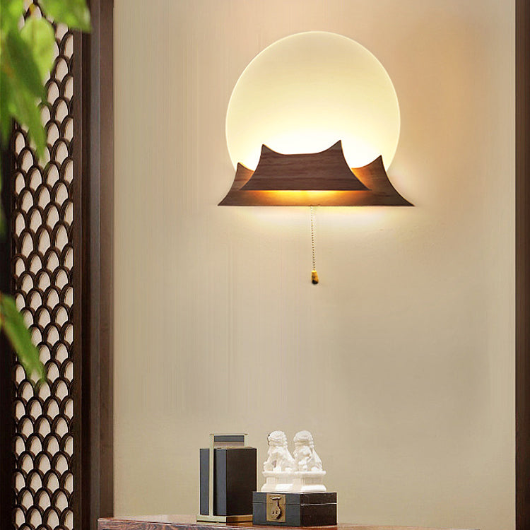 Traditional Chinese Irregular Stacking Round Acrylic Solid Wood LED Wall Sconce Lamp For Living Room