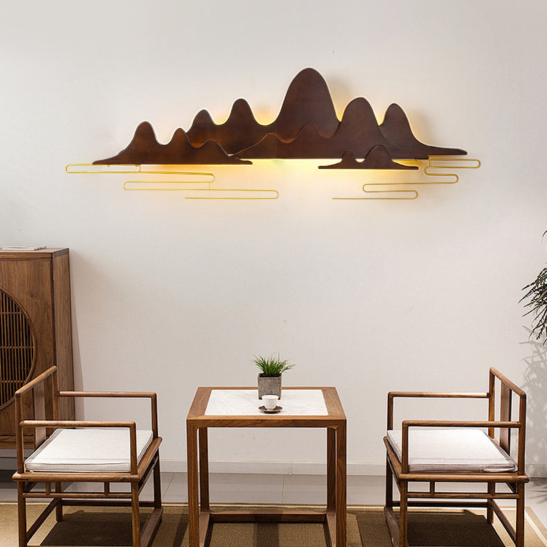 Traditional Chinese Mountain Line Meandering Solid Wood Iron LED Wall Sconce Lamp For Living Room