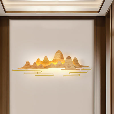 Traditional Chinese Mountain Line Meandering Solid Wood Iron LED Wall Sconce Lamp For Living Room