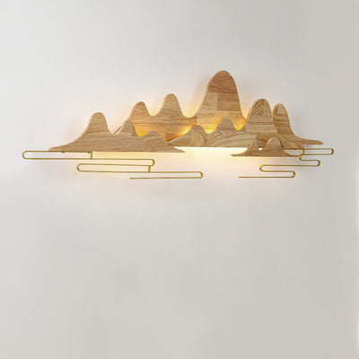 Traditional Chinese Mountain Line Meandering Solid Wood Iron LED Wall Sconce Lamp For Living Room