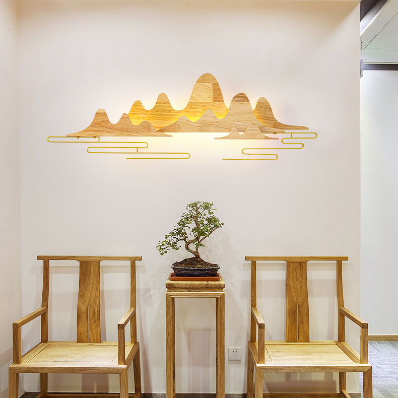 Traditional Chinese Mountain Line Meandering Solid Wood Iron LED Wall Sconce Lamp For Living Room