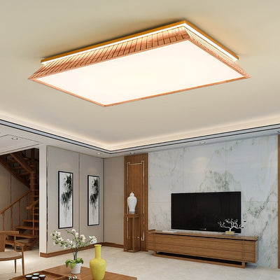 Traditional Chinese Roof Square Acrylic Solid Wood Hardware LED Flush Mount Ceiling Light For Bedroom