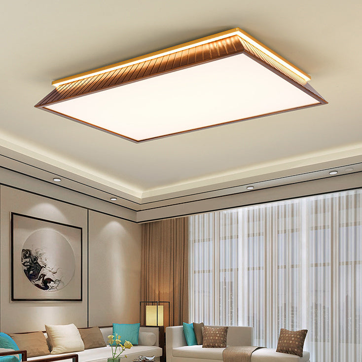 Traditional Chinese Roof Square Acrylic Solid Wood Hardware LED Flush Mount Ceiling Light For Bedroom