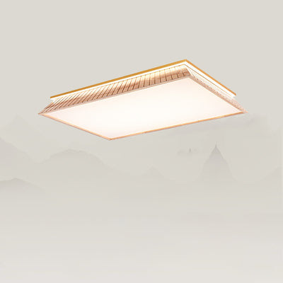 Traditional Chinese Roof Square Acrylic Solid Wood Hardware LED Flush Mount Ceiling Light For Bedroom