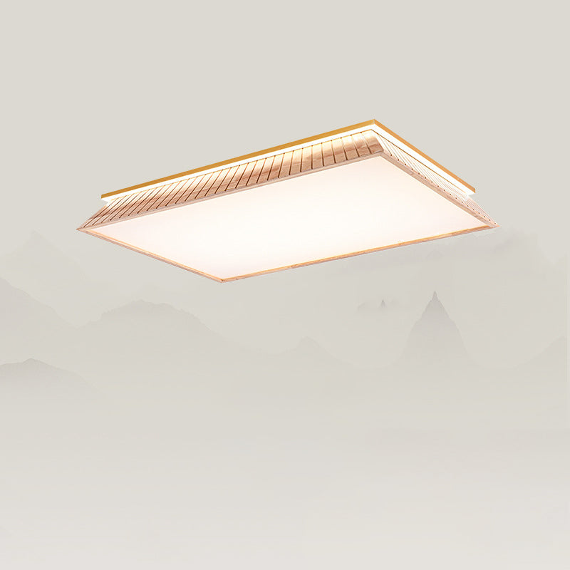 Traditional Chinese Roof Square Acrylic Solid Wood Hardware LED Flush Mount Ceiling Light For Bedroom