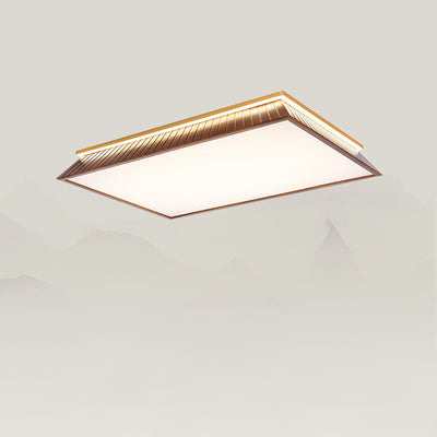 Traditional Chinese Roof Square Acrylic Solid Wood Hardware LED Flush Mount Ceiling Light For Bedroom