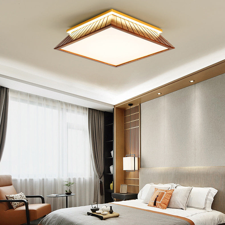 Traditional Chinese Roof Square Acrylic Solid Wood Hardware LED Flush Mount Ceiling Light For Bedroom