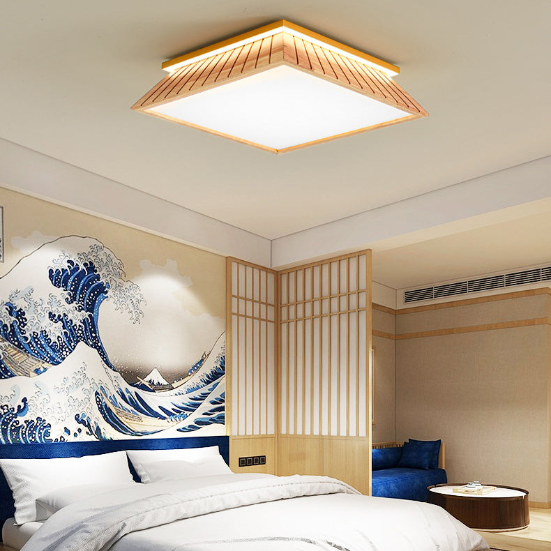 Traditional Chinese Roof Square Acrylic Solid Wood Hardware LED Flush Mount Ceiling Light For Bedroom