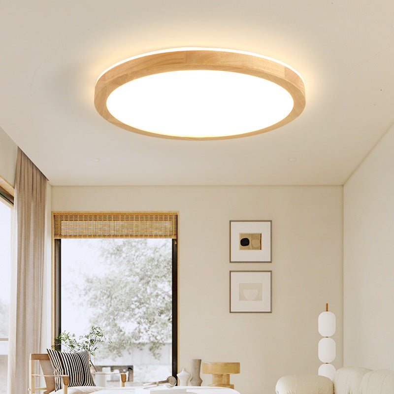 Traditional Japanese Round Acrylic Solid Wood LED Flush Mount Ceiling Light For Bedroom