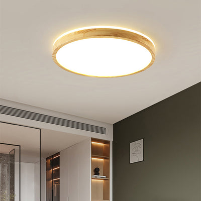 Traditional Japanese Round Acrylic Solid Wood LED Flush Mount Ceiling Light For Bedroom