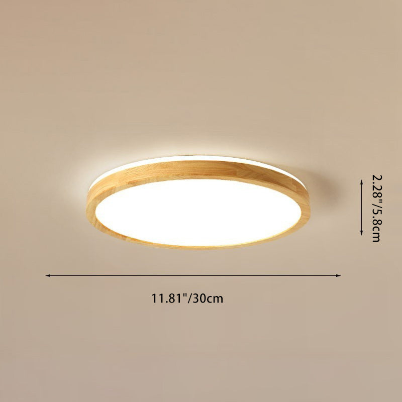 Traditional Japanese Round Acrylic Solid Wood LED Flush Mount Ceiling Light For Bedroom