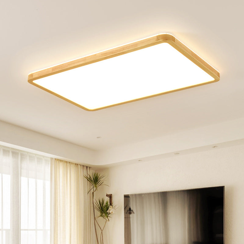 Modern Minimalist Rectangle Acrylic Solid Wood LED Flush Mount Ceiling Light For Bedroom