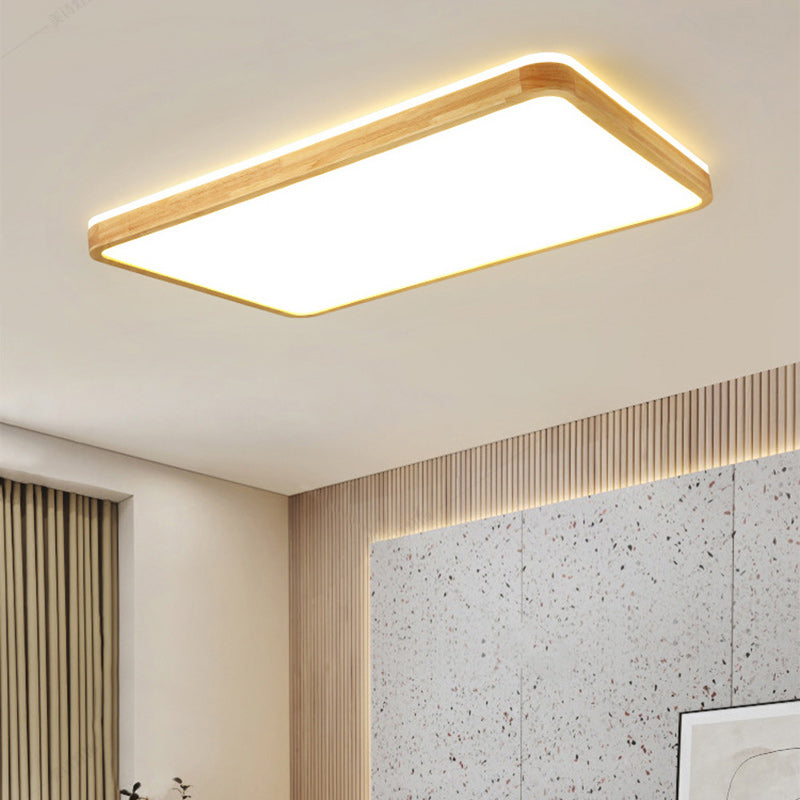 Modern Minimalist Rectangle Acrylic Solid Wood LED Flush Mount Ceiling Light For Bedroom