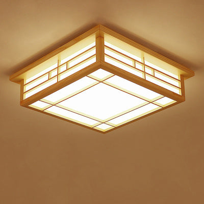 Traditional Japanese Square Lattice Parchment Wood LED Flush Mount Ceiling Light For Living Room