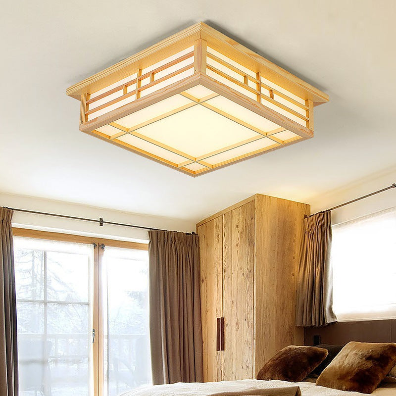 Traditional Japanese Square Lattice Parchment Wood LED Flush Mount Ceiling Light For Living Room