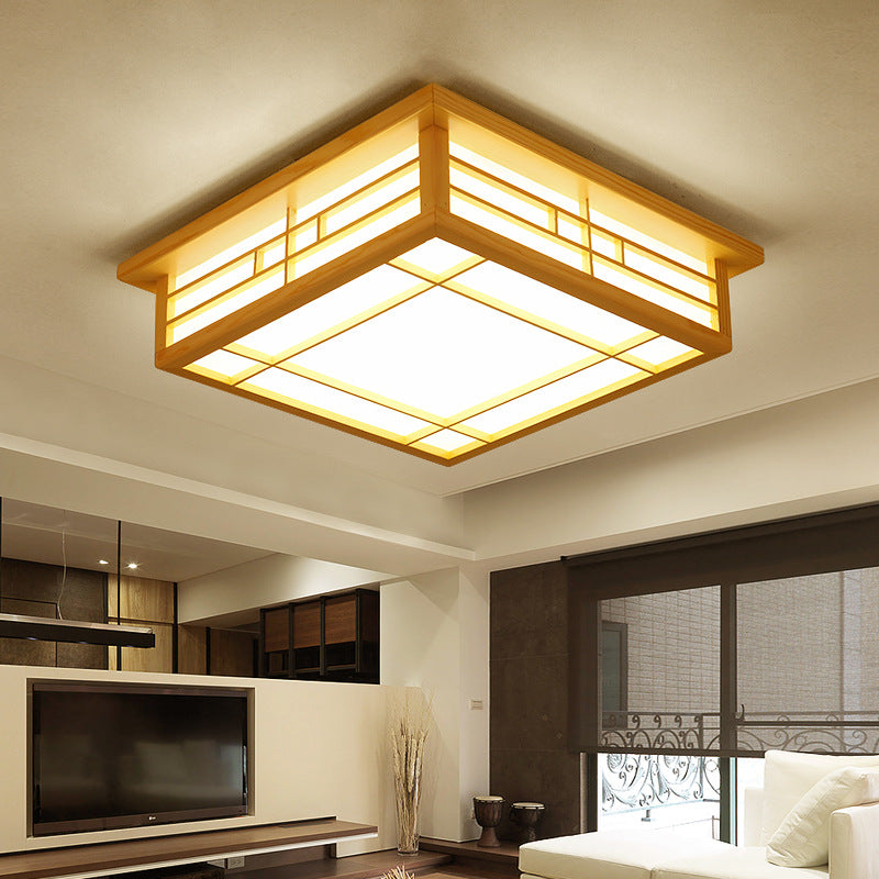 Traditional Japanese Square Lattice Parchment Wood LED Flush Mount Ceiling Light For Living Room