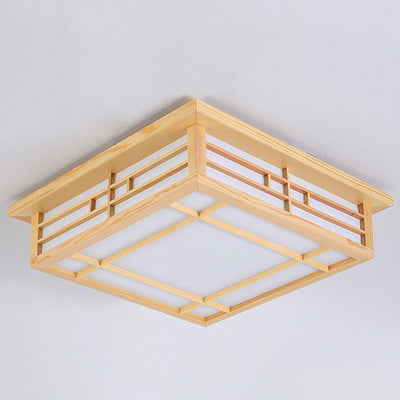 Traditional Japanese Square Lattice Parchment Wood LED Flush Mount Ceiling Light For Living Room