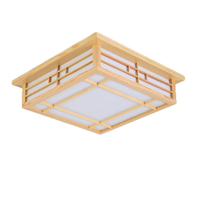 Traditional Japanese Square Lattice Parchment Wood LED Flush Mount Ceiling Light For Living Room