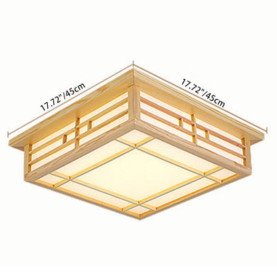 Traditional Japanese Square Lattice Parchment Wood LED Flush Mount Ceiling Light For Living Room