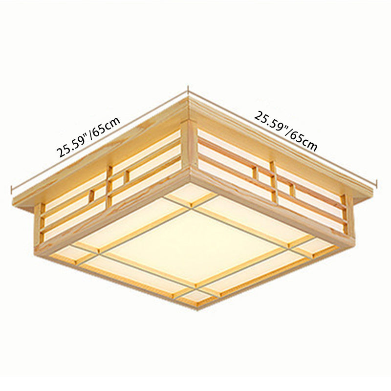 Traditional Japanese Square Lattice Parchment Wood LED Flush Mount Ceiling Light For Living Room