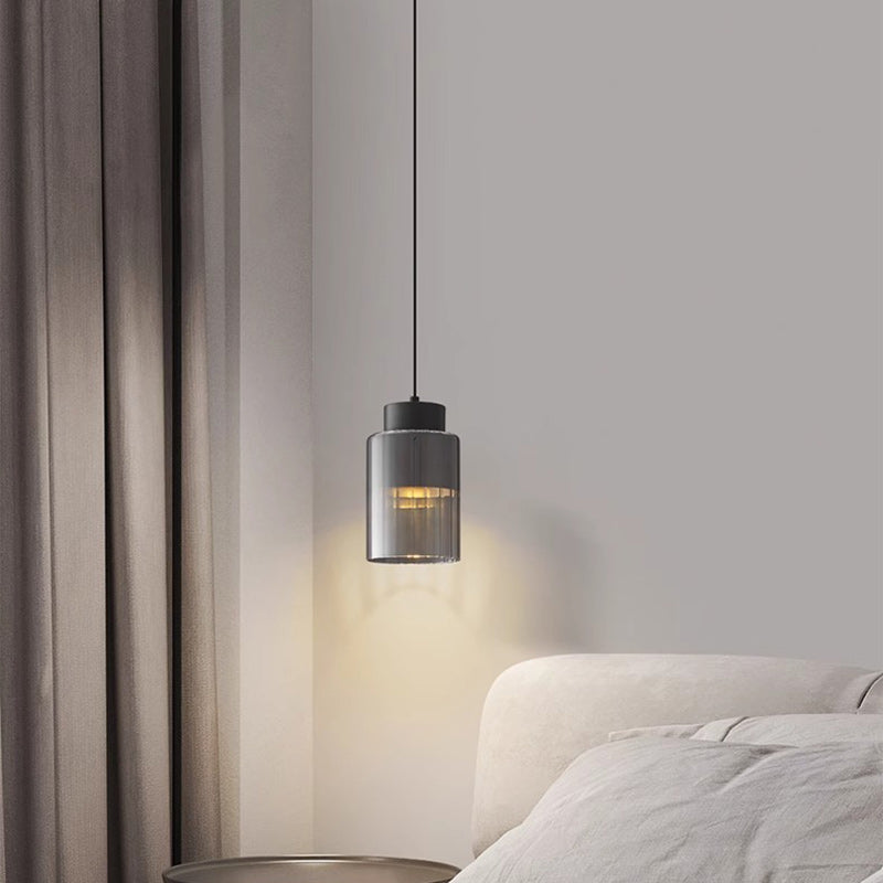 Modern Minimalist Cylinder Round Glass Copper 1-Light Pendant Light For Bedroom