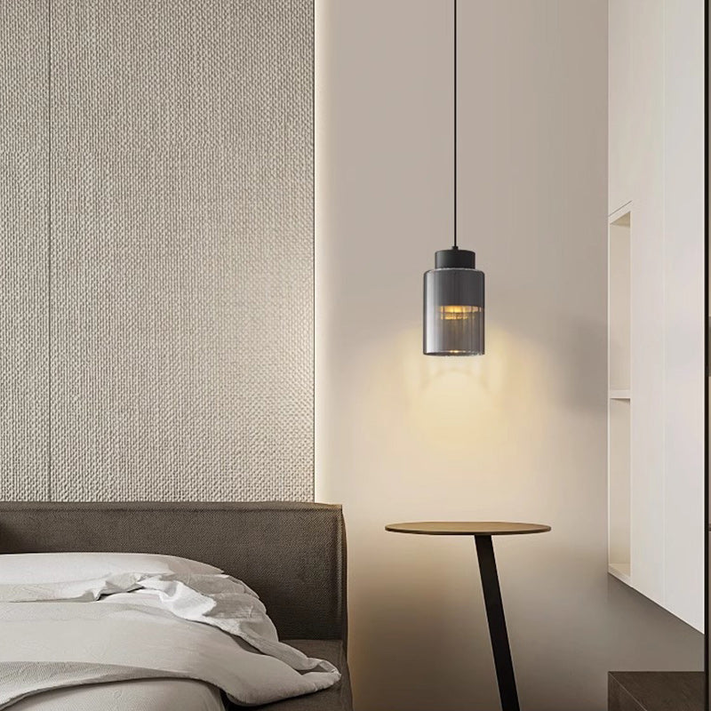 Modern Minimalist Cylinder Round Glass Copper 1-Light Pendant Light For Bedroom