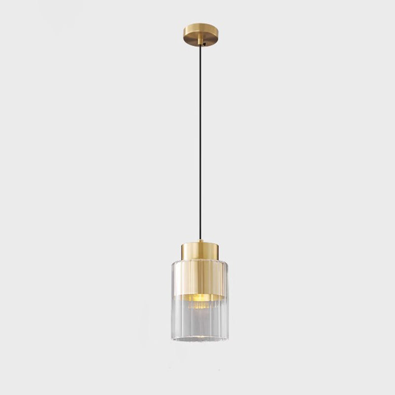 Modern Minimalist Cylinder Round Glass Copper 1-Light Pendant Light For Bedroom