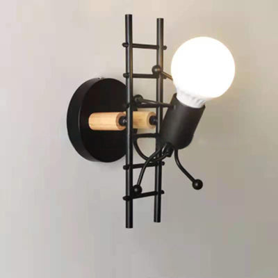 Contemporary Creative Villain Climbing Ladder Round Iron Wood 1-Light Wall Sconce Lamp For Living Room