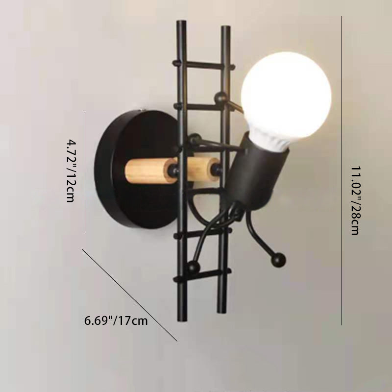 Contemporary Creative Villain Climbing Ladder Round Iron Wood 1-Light Wall Sconce Lamp For Living Room