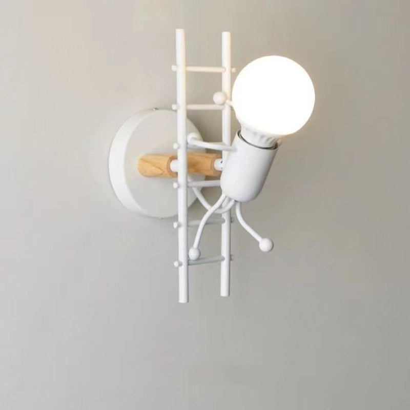 Contemporary Creative Villain Climbing Ladder Round Iron Wood 1-Light Wall Sconce Lamp For Living Room