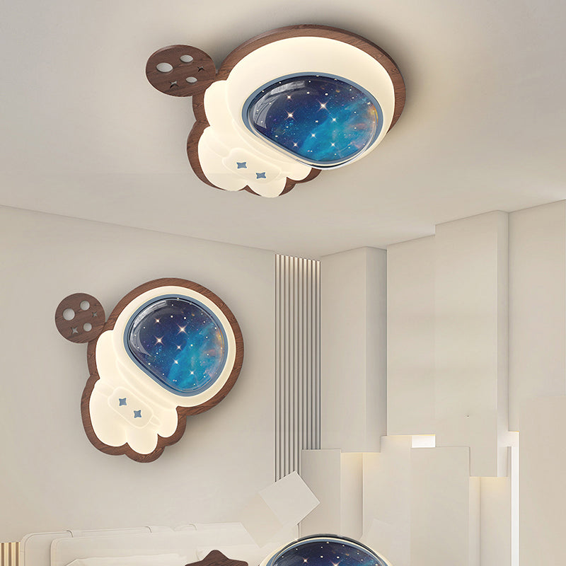 Modern Art Deco Spaceman Star Moon PE Rubberwood LED Kids Flush Mount Ceiling Light For Bedroom