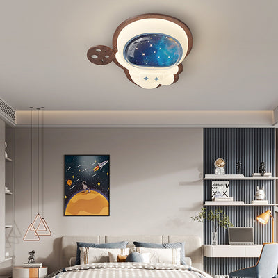 Modern Art Deco Spaceman Star Moon PE Rubberwood LED Kids Flush Mount Ceiling Light For Bedroom