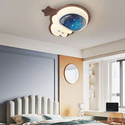 Modern Art Deco Spaceman Star Moon PE Rubberwood LED Kids Flush Mount Ceiling Light For Bedroom