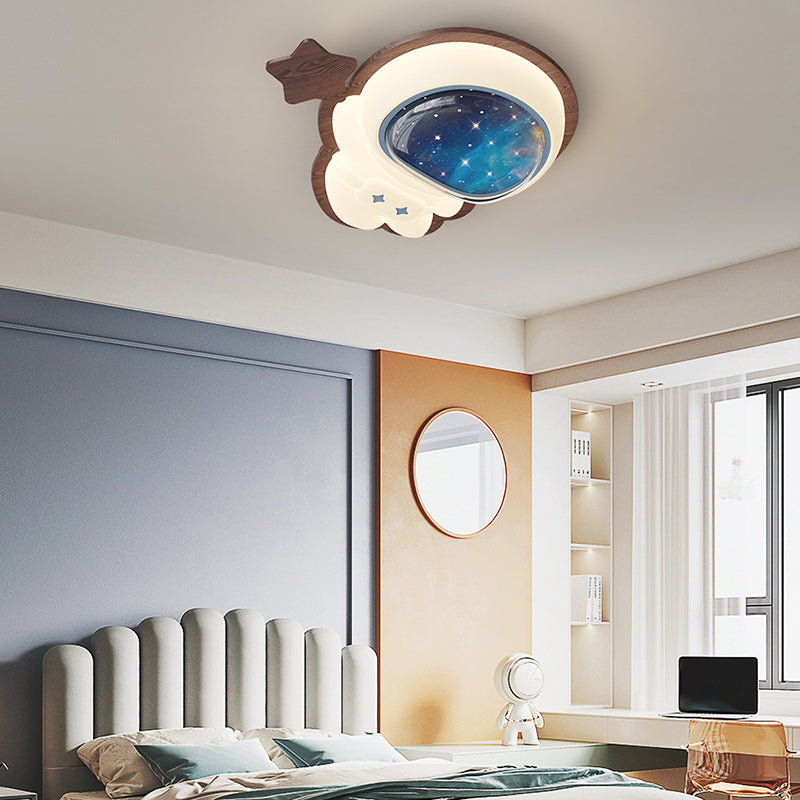 Modern Art Deco Spaceman Star Moon PE Rubberwood LED Kids Flush Mount Ceiling Light For Bedroom