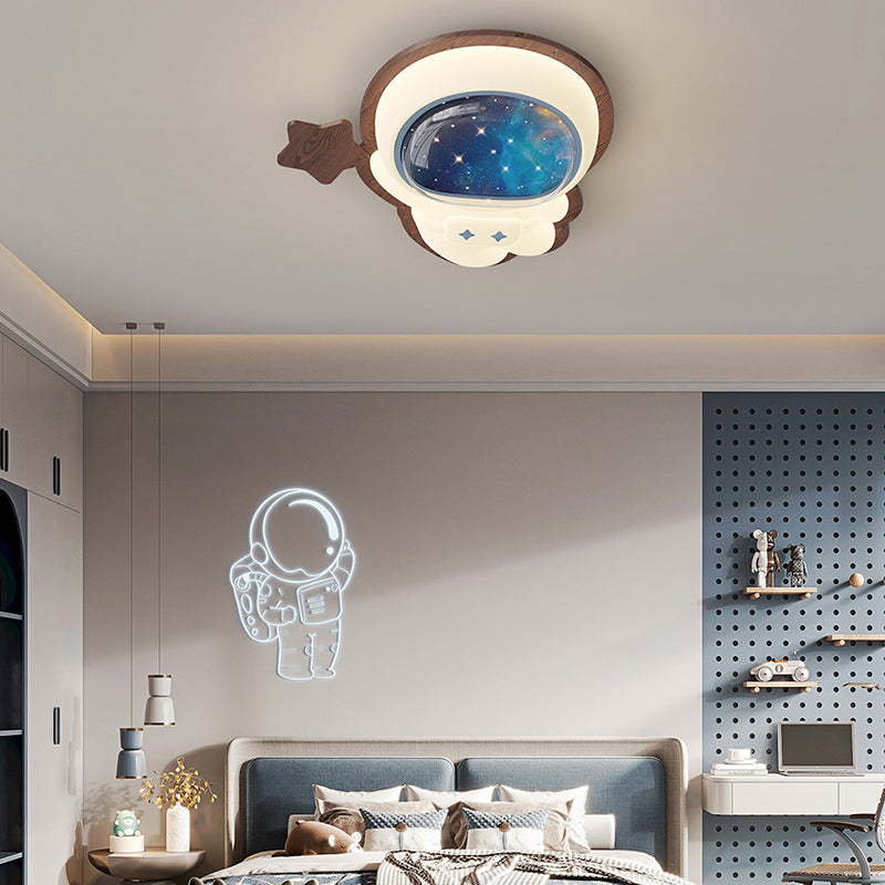 Modern Art Deco Spaceman Star Moon PE Rubberwood LED Kids Flush Mount Ceiling Light For Bedroom