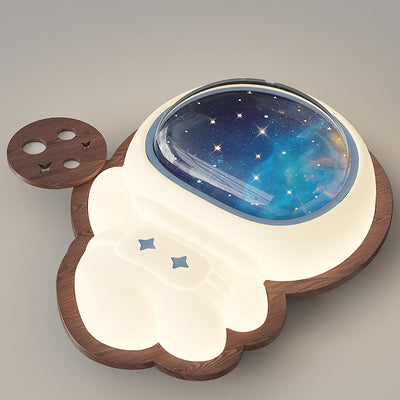 Modern Art Deco Spaceman Star Moon PE Rubberwood LED Kids Flush Mount Ceiling Light For Bedroom