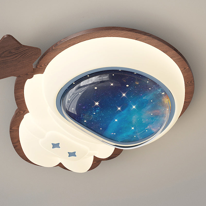 Modern Art Deco Spaceman Star Moon PE Rubberwood LED Kids Flush Mount Ceiling Light For Bedroom