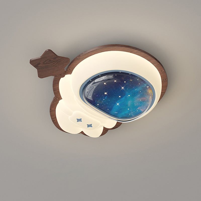 Modern Art Deco Spaceman Star Moon PE Rubberwood LED Kids Flush Mount Ceiling Light For Bedroom