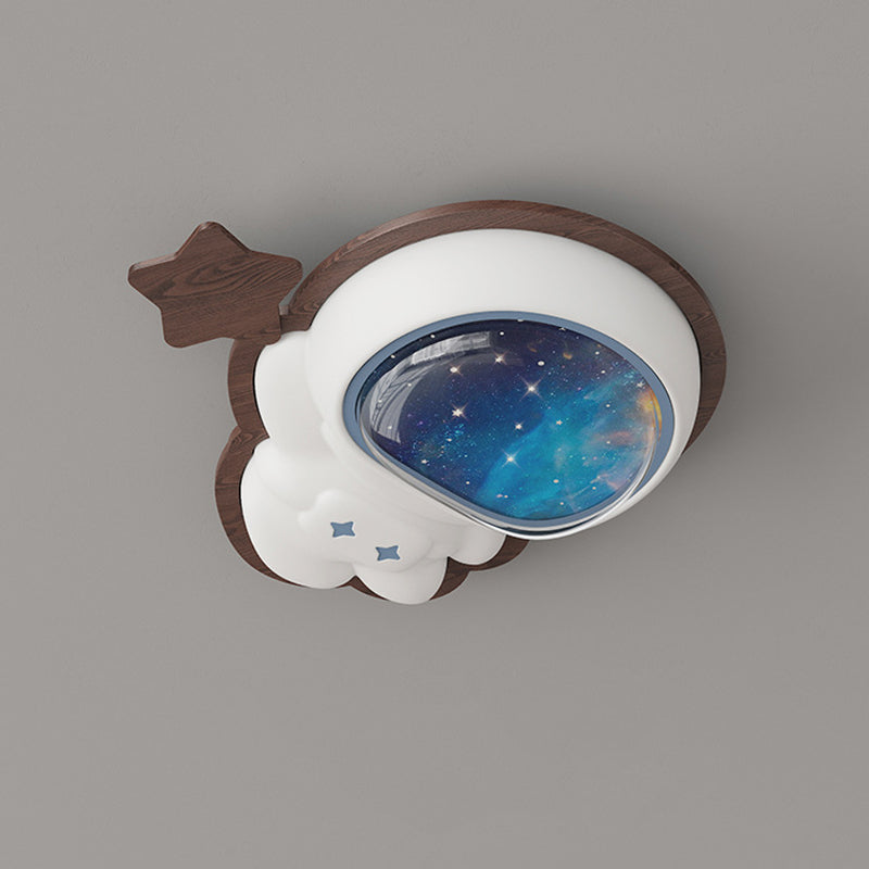 Modern Art Deco Spaceman Star Moon PE Rubberwood LED Kids Flush Mount Ceiling Light For Bedroom