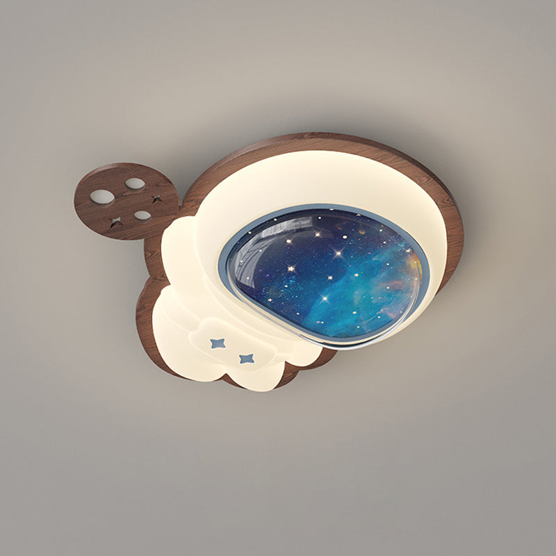 Modern Art Deco Spaceman Star Moon PE Rubberwood LED Kids Flush Mount Ceiling Light For Bedroom