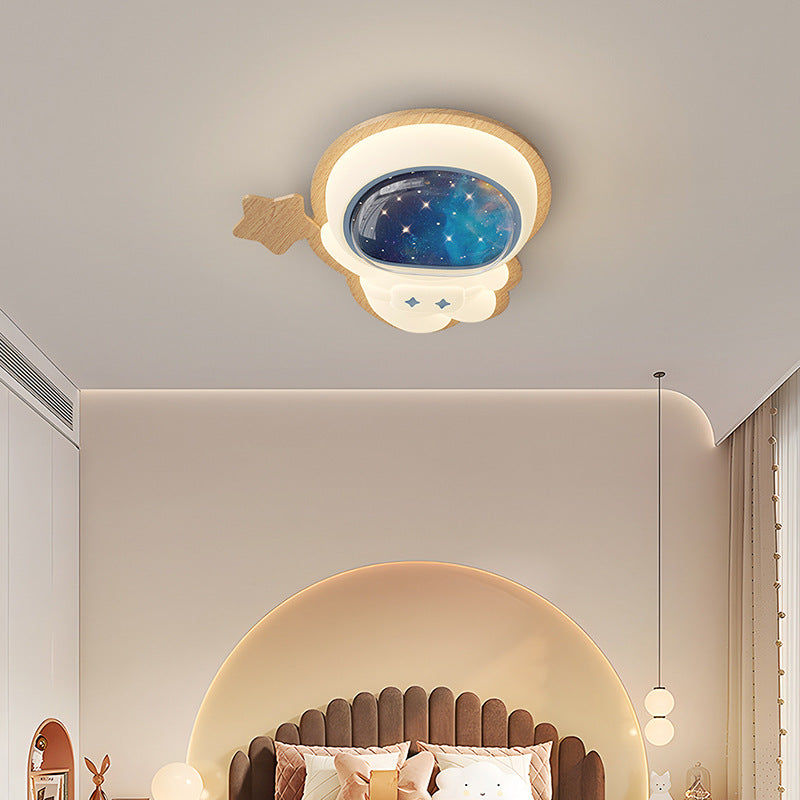 Modern Art Deco Spaceman Star Moon PE Rubberwood LED Kids Flush Mount Ceiling Light For Bedroom