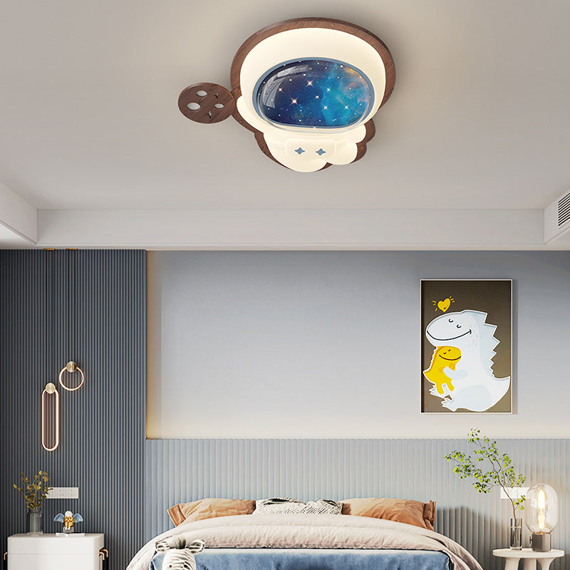 Modern Art Deco Spaceman Star Moon PE Rubberwood LED Kids Flush Mount Ceiling Light For Bedroom