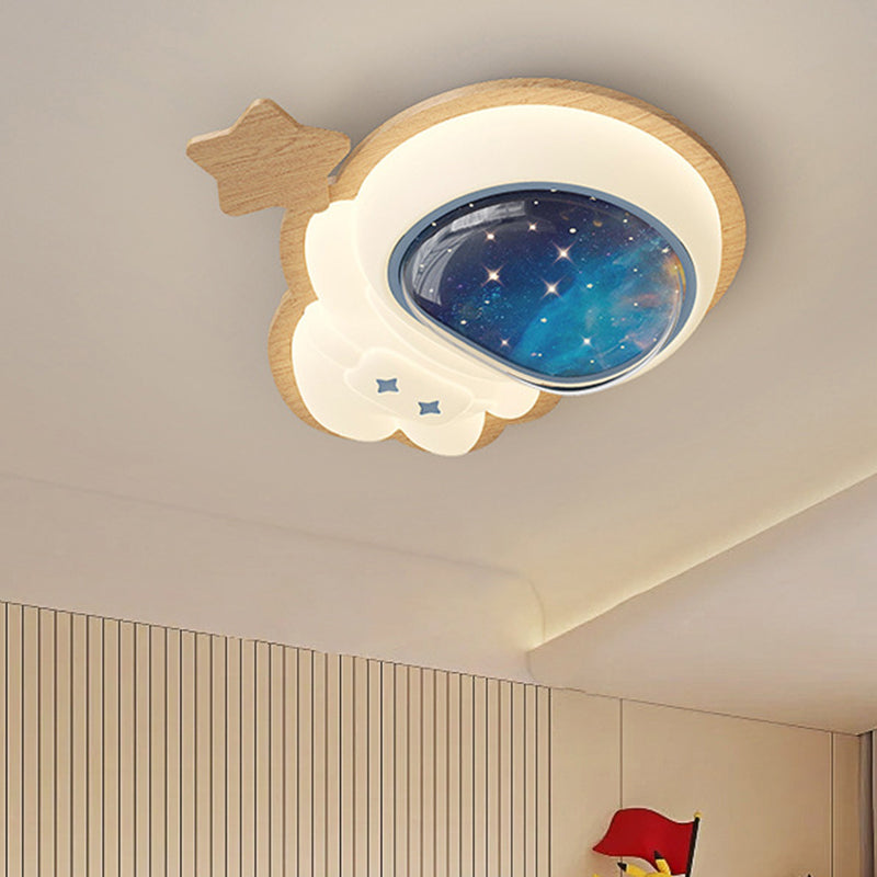 Modern Art Deco Spaceman Star Moon PE Rubberwood LED Kids Flush Mount Ceiling Light For Bedroom