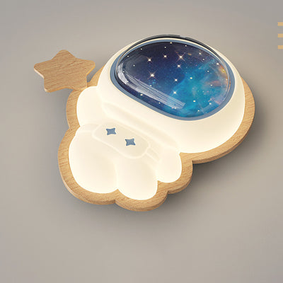 Modern Art Deco Spaceman Star Moon PE Rubberwood LED Kids Flush Mount Ceiling Light For Bedroom